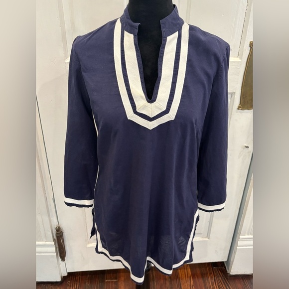 346 Brooks Brothers Navy 3/4 Sleeve Collar V Neck Tunic Shirt Sz Small - Picture 1 of 6